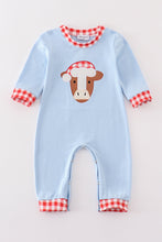 Load image into Gallery viewer, Blue christmas cow applique boy romper
