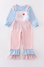 Load image into Gallery viewer, Blue valentine puppy heart applique girl jumpsuit set
