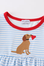 Load image into Gallery viewer, Blue stripe valentine puppy heart embroidery girl set
