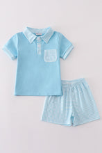 Load image into Gallery viewer, Blue gingham boy shorts set
