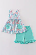 Load image into Gallery viewer, Green sailboat print ruffle girl set
