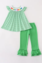 Load image into Gallery viewer, Green stripe lucky charm french knot girl set
