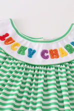 Load image into Gallery viewer, Green stripe lucky charm french knot girl set
