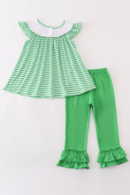 Load image into Gallery viewer, Green stripe lucky charm french knot girl set
