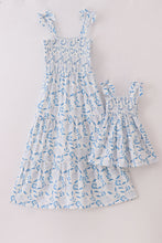 Load image into Gallery viewer, Blue Porcelain Petals print smocked mom&amp;me dress
