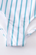 Load image into Gallery viewer, Blue stripe strap girl swimsuit one piece UPF50+
