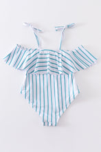 Load image into Gallery viewer, Blue stripe strap girl swimsuit one piece UPF50+
