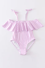 Load image into Gallery viewer, Pink stripe strap girl swimsuit one piece UPF50+
