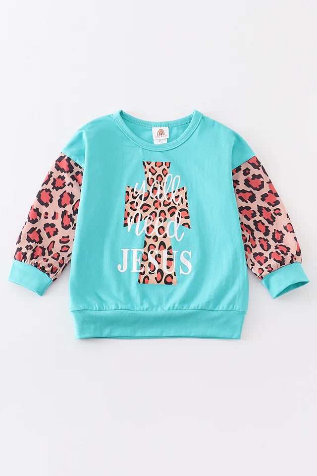 Teal Leopard Cross Sweatshirt